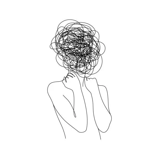 Vector illustration of Continuous one line drawing of a woman with confused messy feelings worried about bad mental health. Problems stress illness and depression concept in simple linear style. Doodle Vector illustration