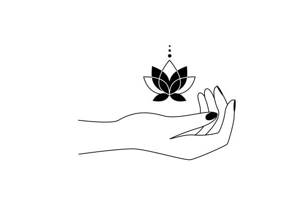 illustrations, cliparts, dessins animés et icônes de main magique avec l’art de la ligne de fleur de lotus sacrée. symbole tribal spirituel d’alchimie pour créer un nom de marque ou un logo dans le style des contours. élément de design ésotérique et mystique. illustration de vecteur de contour - white background beauty and health flower human hand