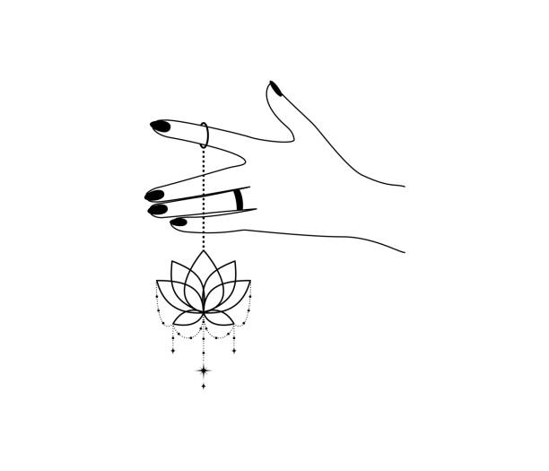 magische hand mit lotusblumen-linienkunst. alchemie spirituelles stammessymbol für emblem yoga wellness und meditation schule. esoterisches und mystisches gestaltungselement. kontur-vektor-illustration - white background beauty and health flower human hand stock-grafiken, -clipart, -cartoons und -symbole