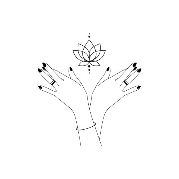 heilige blüte lotusblume mit frauenhänden umriss. alchemie spirituelles stammessymbol mit palme für emblem yoga wellness und meditation schule. esoterisches mystisches gestaltungselement. vektorillustration - white background beauty and health flower human hand stock-grafiken, -clipart, -cartoons und -symbole