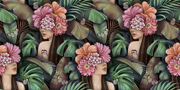 Tropical seamless pattern with beautiful women, butterflies, plumeria, cactus, hibiscus flowers, monstera, palm, banana leaves. Hand-drawn vintage 3D illustration. Good for wallpapers, fabric printing