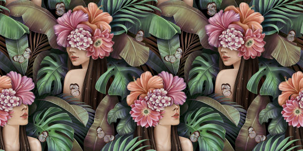 Tropical seamless pattern with beautiful women, butterflies, plumeria, cactus, hibiscus flowers, monstera, palm, banana leaves. Hand-drawn vintage 3D illustration. Good for wallpapers, fabric printing Tropical seamless pattern with beautiful women, butterflies, plumeria, cactus, hibiscus flowers, monstera, palm, banana leaves. Hand-drawn vintage 3D illustration. Good for wallpapers, fabric printing subtropical stock illustrations