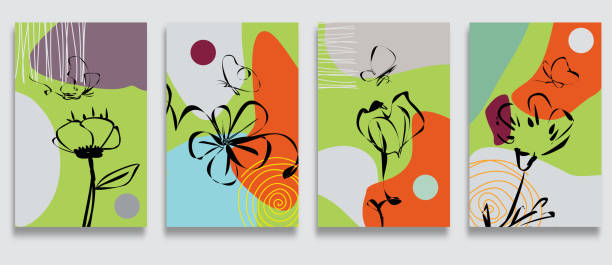 벡터 현대 유행 색상 유행 카드 세트 라인 아트 낙서 수제 식물꽃과 나비 패턴 템플릿 배너 디자인 요소 컬렉션, 자연의 추상적 인 배경의 아름다움 - summer backgrounds line art butterfly stock illustrations