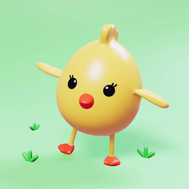 istock Little baby chicken on green grass cute cartoon bird character 3d render. Cheerful spring nature illustration. Farm animals. Easter greeting card. Newborn party 1386908607