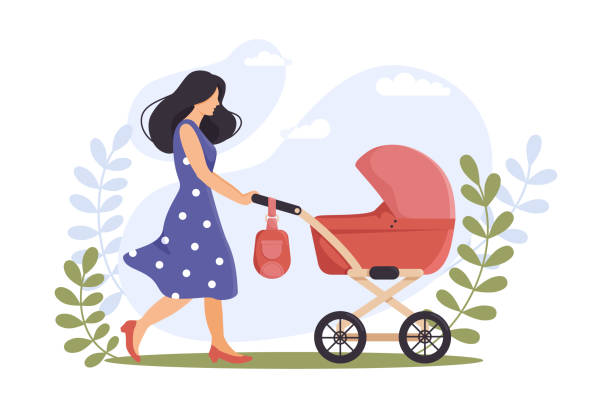 młoda mama spaceruje z wózkiem po parku - mother baby carriage women walking stock illustrations