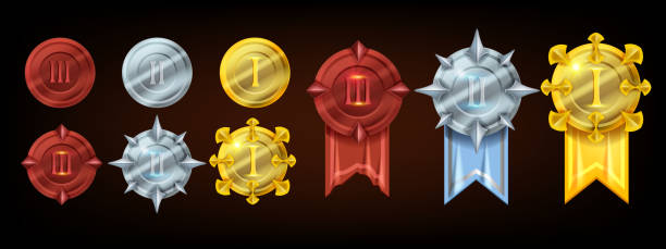 istock Gold medal kit, vector game badge award icon set, silver achievement reward, bronze trophy design. 1386909118