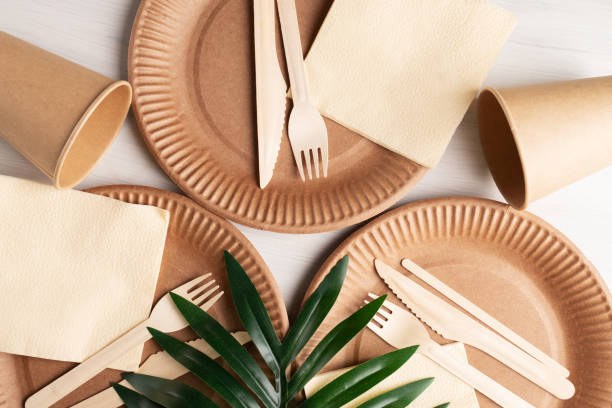 istock Set of eco friendly tableware, biodegradable utensil, Recycling concept 1386910905