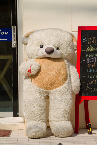 Huge teddy bear is standing at door to a store in Bangkok Chatuchak. At right side is a chalkboard