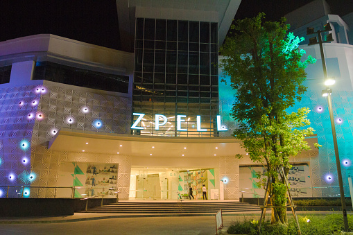 Illuminated ZPELL shopping mall in Bangkok Rangsit at night
