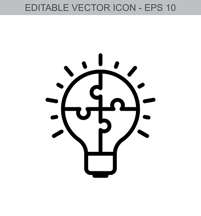 Light bulb with puzzle concept. Editable stroke line icon. Vector illustration.