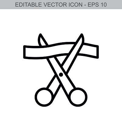 Scissors and ribbon. Editable stroke line icon. Vector illustration.