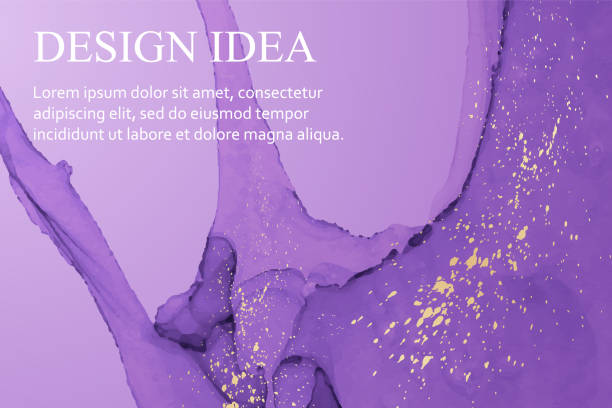 istock Watercolor background with abstract purple ink waves and golden splashes. 1386915721