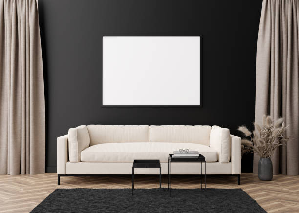 istock Empty horizontal picture frame on black wall in modern living room. Mock up interior in contemporary style. Free, copy space for your picture, poster. Sofa, table, pampas grass in vase. 3D rendering. 1386917766