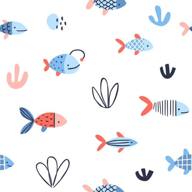 абстрактный рисунок морской рыбы. doodle морской бесшовный векторный принт для ткани, текстиля, бумаги, детской. - seaweed seamless striped backgrounds stock illustrations