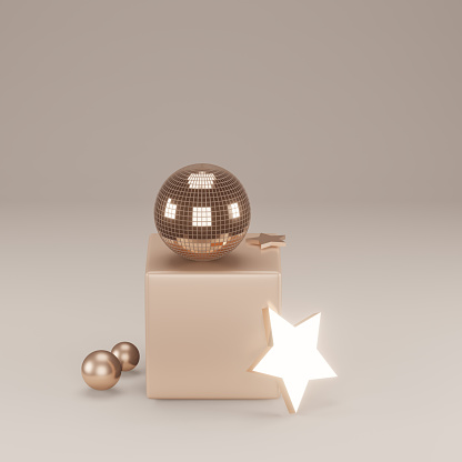 Pastel colored cube with disco ball and star, 3d render