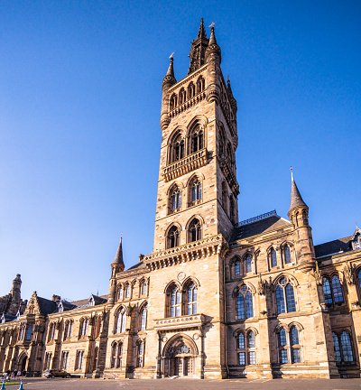 The bell tower at the centre of the Gilbert Scott Building, Glasgow University's main building in Kelvingrove.