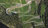 Overhead aerial view of hairpin turns of Silvretta-Bielerhohe High Alpine Road in Vorarlberg, Austria.
