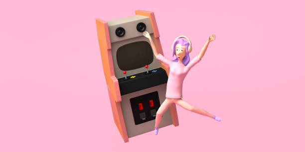 istock Young woman jumping next to a retro arcade game machine. Arcade room. Copy space. Gaming concept. 3D illustration. 1386920497