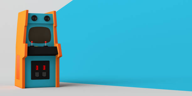 istock Retro arcade game machine. Arcade room. Copy space. Gaming concept. 3D illustration. 1386921040