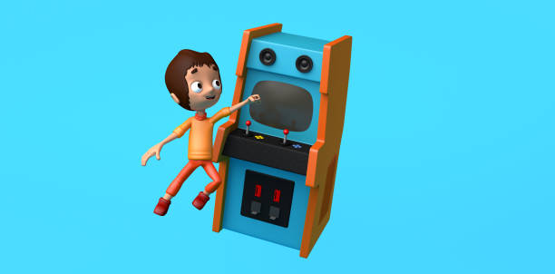 Childrenjumping next to a retro arcade game machine. Arcade room. Copy space. Gaming concept. 3D illustration.