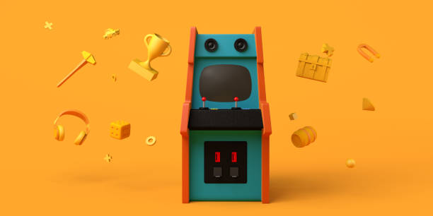 istock Retro arcade game machine with headphones, prize, and game elements. Arcade room. Copy space. Gaming concept. 3D illustration. 1386921651