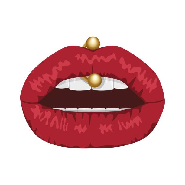 illustrations, cliparts, dessins animés et icônes de lèvres. lèvres rouges percées des femmes. - meat