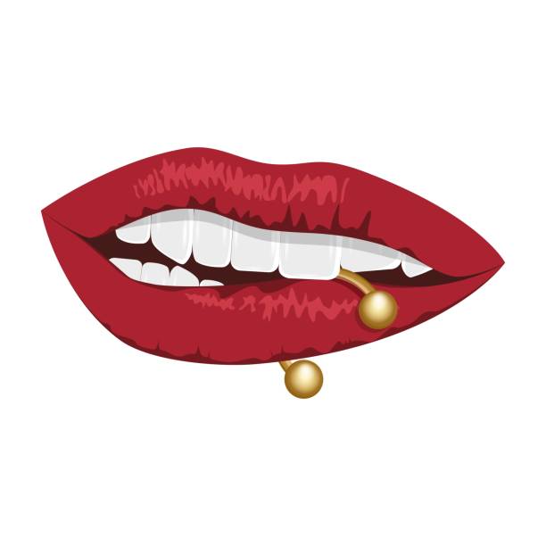 lippen. durchbohrte rote lippen der frauen. - pierced jewelry women body stock-grafiken, -clipart, -cartoons und -symbole