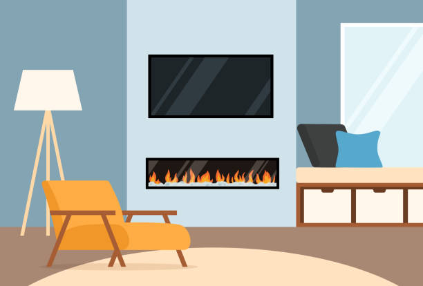 modernes wohninterieur mit kamin und sessel flacher vektorillustration. - teppichboden couch stock-grafiken, -clipart, -cartoons und -symbole