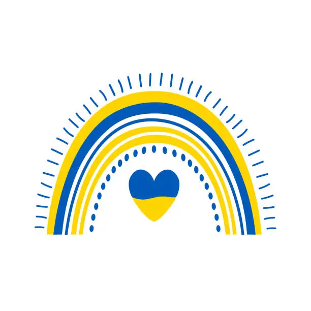 Vector illustration of Boho or Scandinavian Style Rainbow in Ukraine flag colors. Pray for Ukraine, Support the Ukraine sign. Blue and Yellow, vector illustration. Vector illustration.
