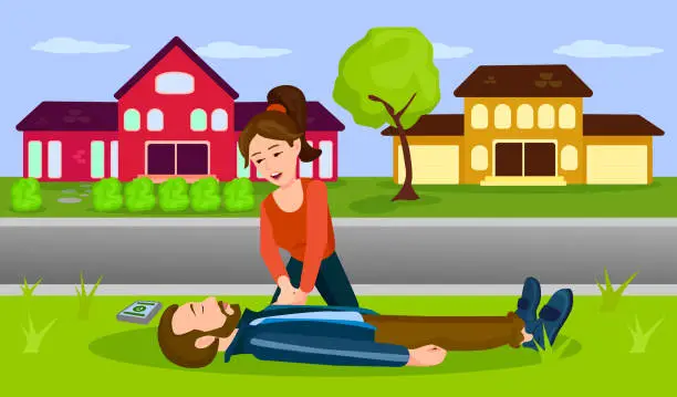 Vector illustration of Health woman resuscitating unconscious person. Young girl giving CPR to sick person with stopped heart. A conscious individual who knows first aid techniques. First aid, emergency response and life saving concepts.