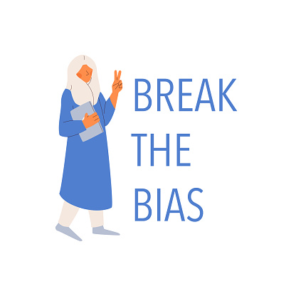 Break the bias. Beautiful Muslim woman in hibjab and with a laptop in her hands. Vector illustration of a concept against discrimination against women based on religious principle.