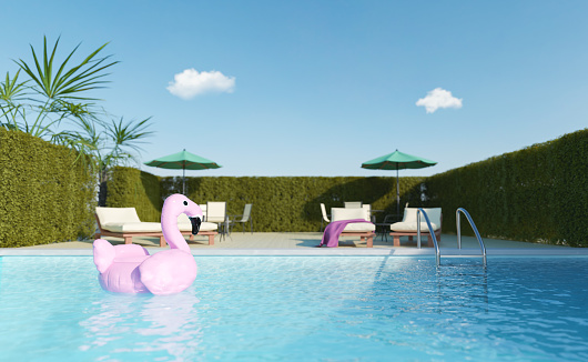close up of flamingo float in a pool with a terrace in the background. 3d rendering