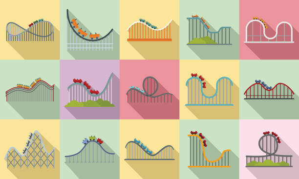 achterbahn-icons-set, flacher stil - rollercoaster stock-grafiken, -clipart, -cartoons und -symbole