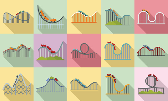 Roller coaster icons set. Flat set of roller coaster vector icons for web design