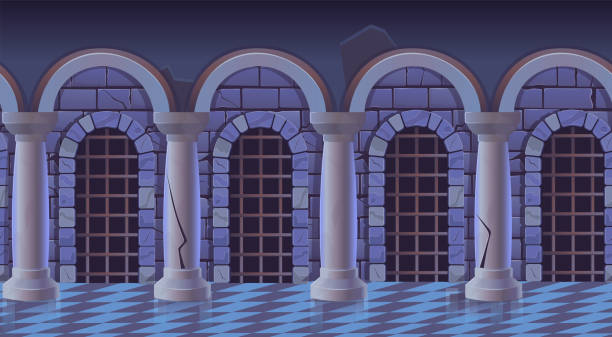 istock Arcade with columns with stone wall and marble floor. Stone arch vector illustration. Greek antique pillars isolated on white. 1386931685