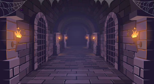 ilustrações de stock, clip art, desenhos animados e ícones de dungeon. long medieval castle corridor with torches. interior of ancient palace with stone arch. vector illustration. - palace gate