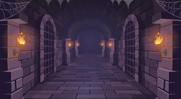 istock Dungeon. Long medieval castle corridor with torches. Interior of ancient Palace with stone arch. Vector illustration. 1386931686