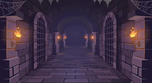 Vector illustration of Dungeon. Long medieval castle corridor with torches. Interior of ancient Palace with stone arch. Vector illustration.