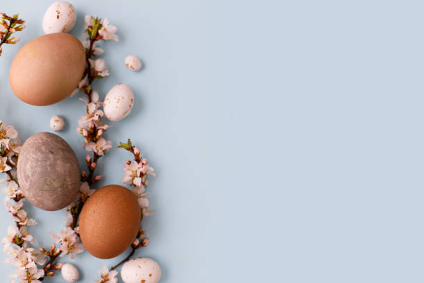 istock Stylish easter eggs and cherry blossoms flat lay on blue background. Modern brown natural dyed eggs, candy and white flowers border layout. Happy Easter! Greeting card, space or text 1386932083