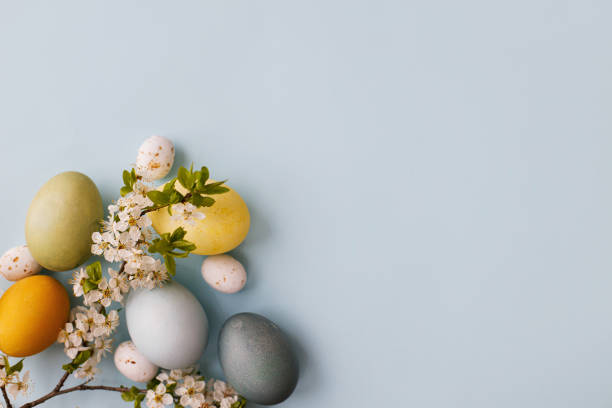 istock Stylish easter eggs, cherry blossoms flat lay on blue background. Modern natural dyed easter eggs, candy and white flowers border layout. Happy Easter! Greeting card, space or text 1386932109