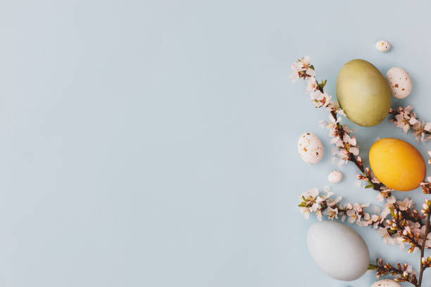 istock Stylish easter eggs, cherry blossoms flat lay on blue background. Modern natural dyed easter eggs, candy and white flowers border layout. Happy Easter! Greeting card, space or text 1386932176