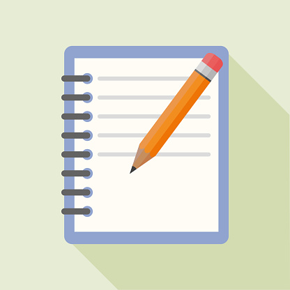 Notebook and pencil with shadow. Flat vector icon with notepad and pencil. Writing concept.