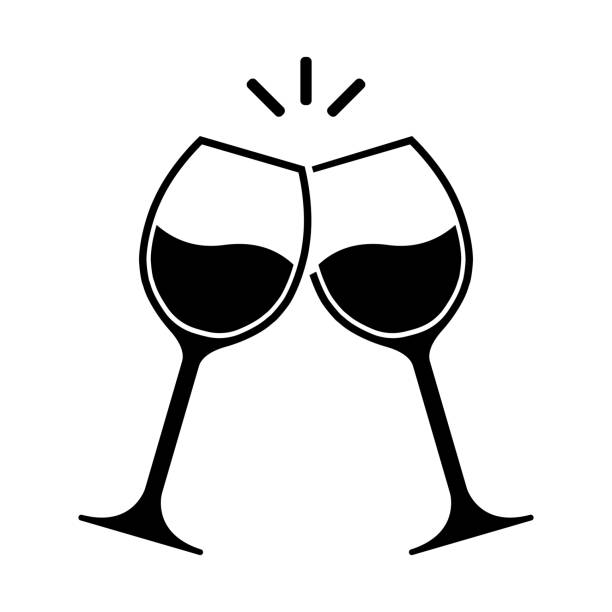 clink gläser champagner schwarzes vektor-symbol. zwei glasbecher prost vektor-icons. - toast party silhouette people stock-grafiken, -clipart, -cartoons und -symbole