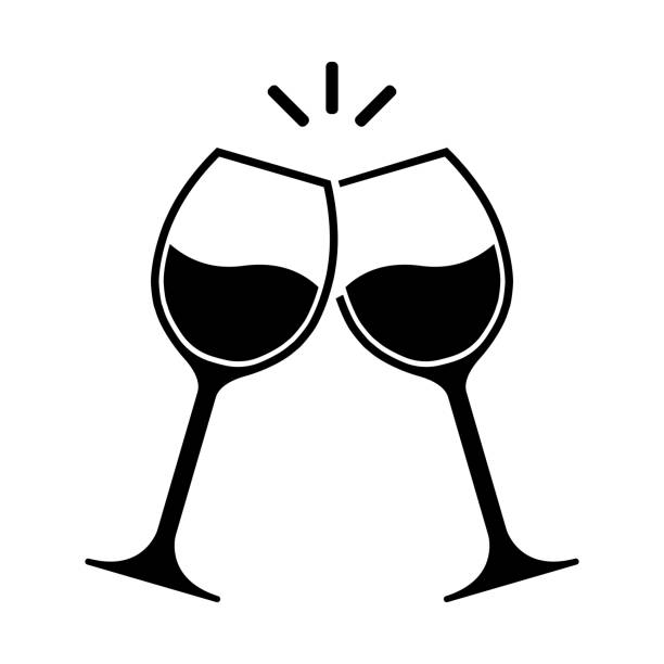 clink 안경은 검은 색 벡터 아이콘을 샴페인. 두 개의 유리 컵은 벡터 아이콘을 응원합니다. - toast party silhouette people stock illustrations