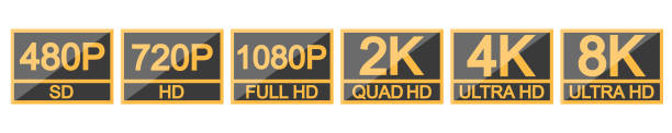vektorsymbole in videogröße. badges mit auflösung video : sd (480p), hd (720p) , full hd (1080p), quad (2k), ultra (4k) , ultra (8k). - hd 1080 stock-grafiken, -clipart, -cartoons und -symbole