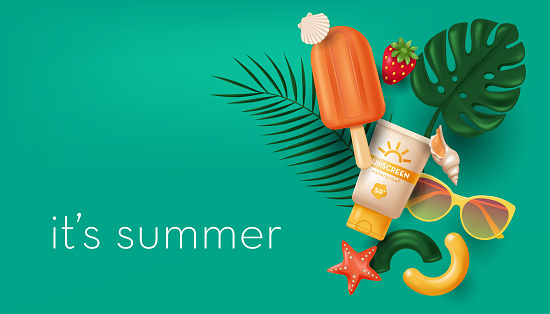 Summer banner with various vector elements in realistic 3D style