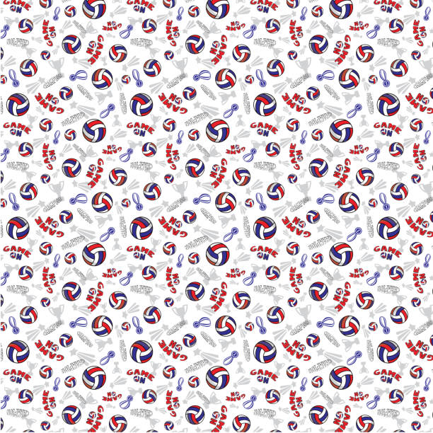 IS_Repeating_Volleyball_Red_White_Blue_Pattern_White_Background Repeat Red White Blue Volleyball Pattern on White Background high school sports stock illustrations