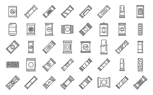 Snack bar icons set outline vector. Candy product. Snack bar food