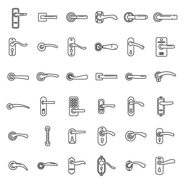 Door handles icons set outline vector. Domestic control Door handles icons set outline vector. Domestic control. Electric doorknob door handle stock illustrations