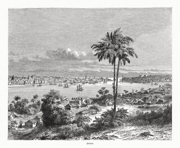 Historical view of Havana, Cuba, wood engraving, published in 1870 vector art illustration